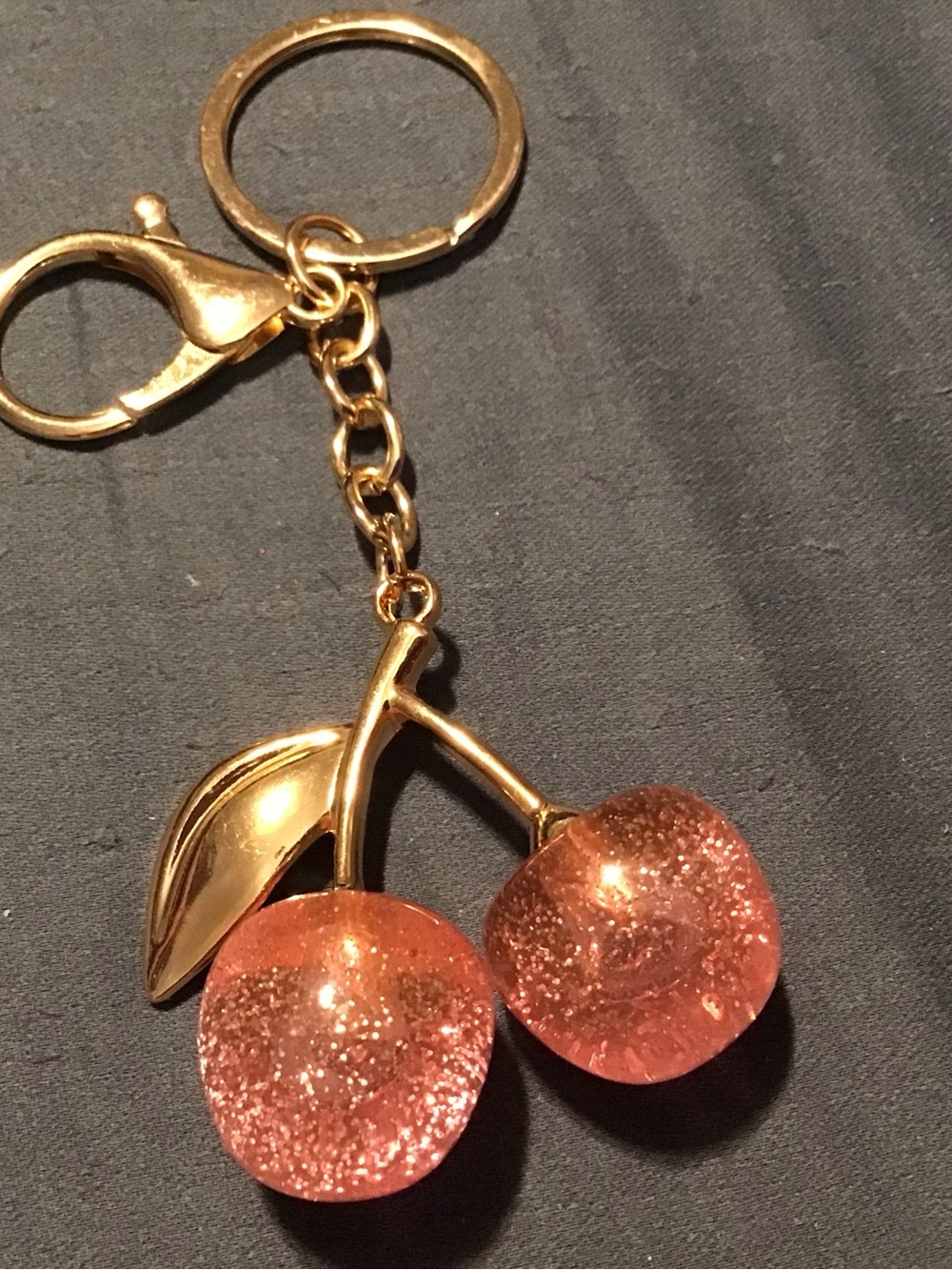 Gold Cherry Keychain with Pink Glitter Cherries